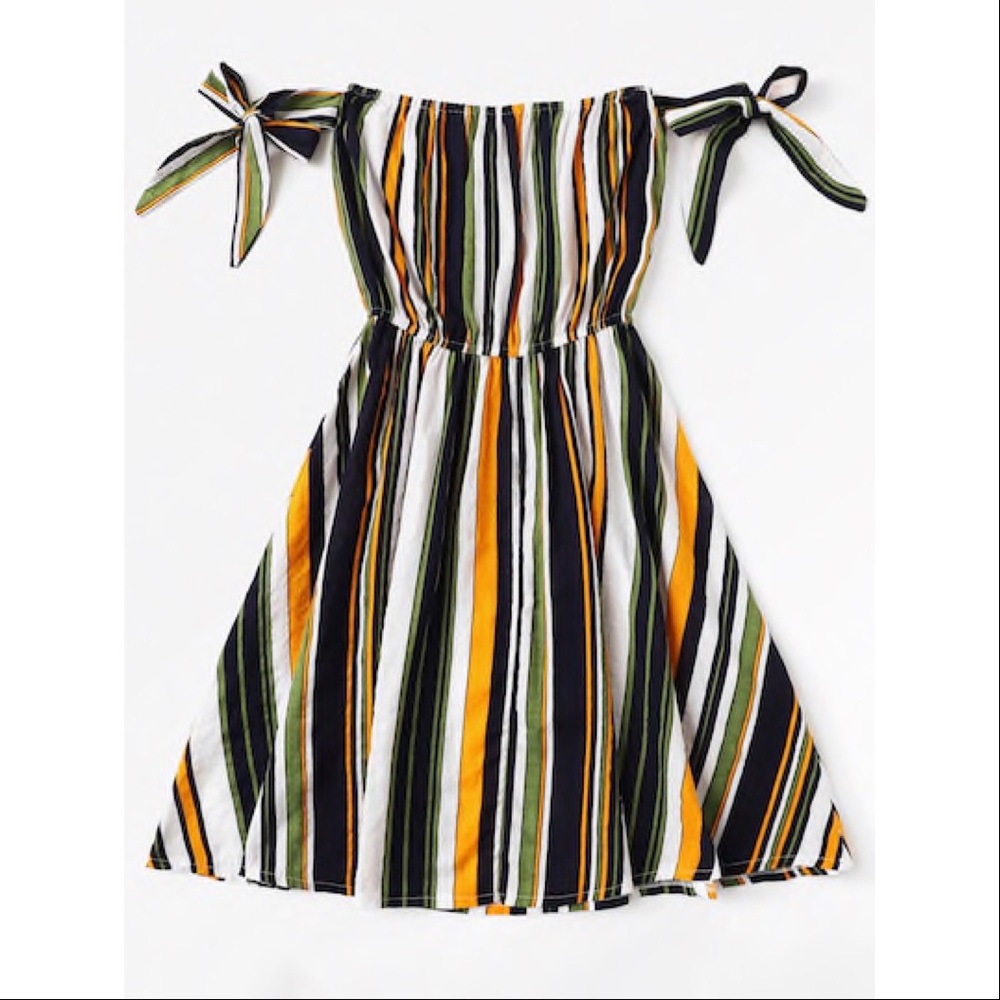 Off Shoulder Green Striped dress with strap ties